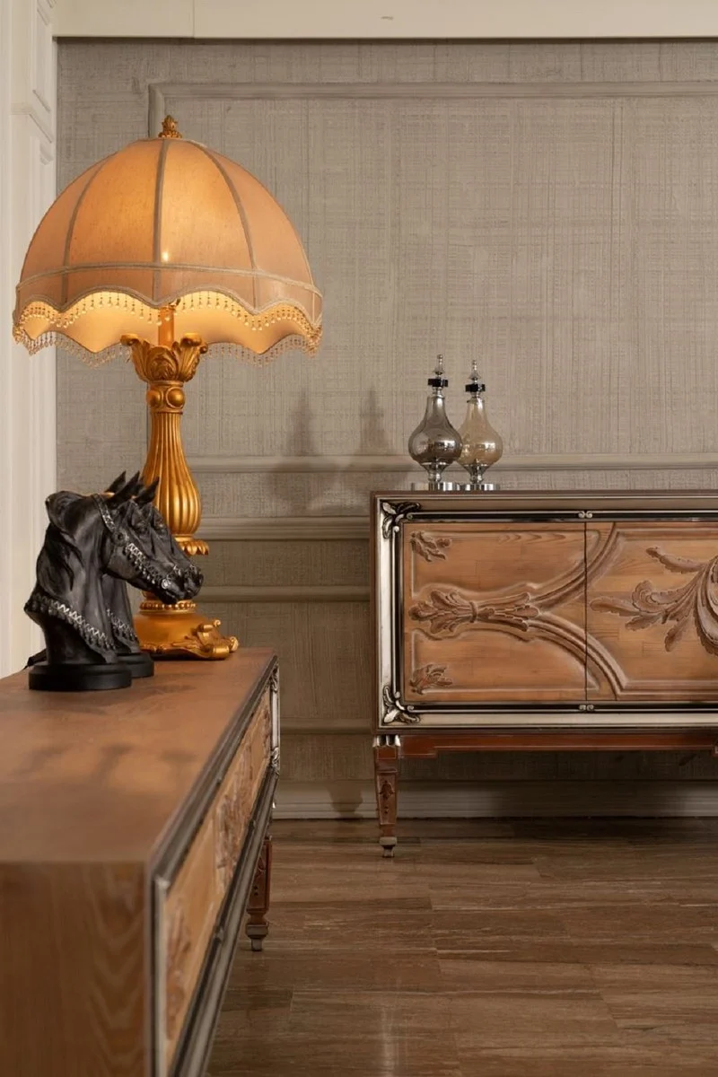 Casa Padrino Luxus Barock Sideboard mit 4 Türen Naturfarben / Beige / Braun / Silber - Edler Massivholz Schrank im Barockstil - Barock Möbel