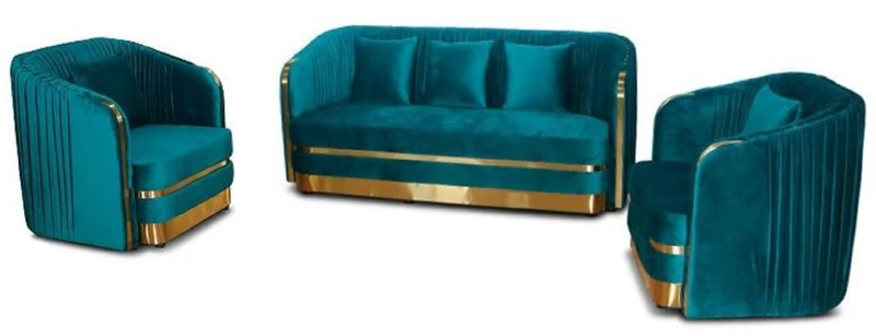 Casa Padrino Art Deco Samt Sessel Grünblau / Gold 80 x 78 x H. 80 cm - Wohnzimmer Sessel - Art Deco Wohnzimmer Möbel