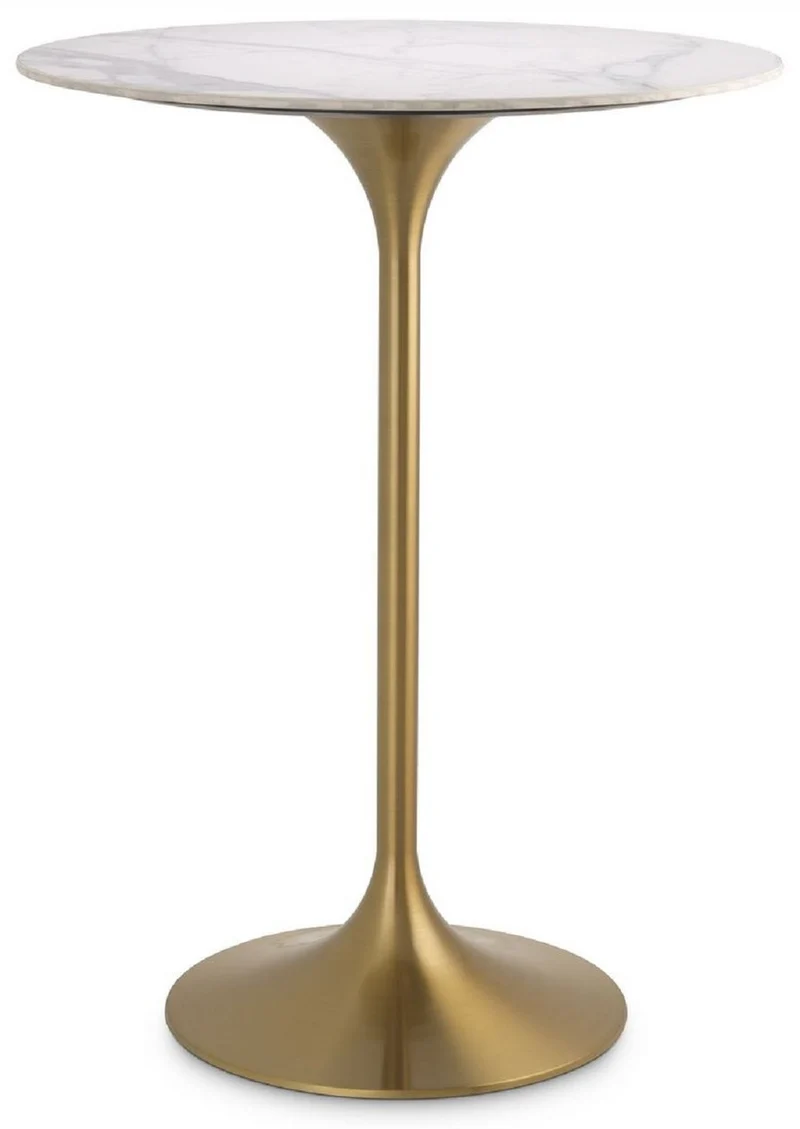 Casa Padrino Luxus Bistrotisch Weiß / Messingfarben Ø 79 x H. 106,5 cm - Moderner Stehtisch mit Marmorplatte - Runder Bartisch - Luxus Bar Möbel - Luxus Gastronomie Möbel - Luxus Qualität