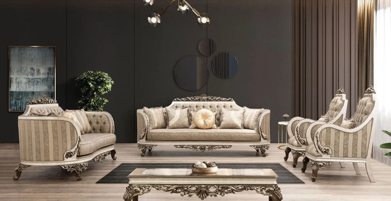 Casa Padrino Luxus Barock Wohnzimmer Set Beige / Cremefarben / Braun / Gold - 2 Sofas & 2 Sessel & 1 Couchtisch - Handgefertigte Wohnzimmer Möbel im Barockstil - Edel & Prunkvoll