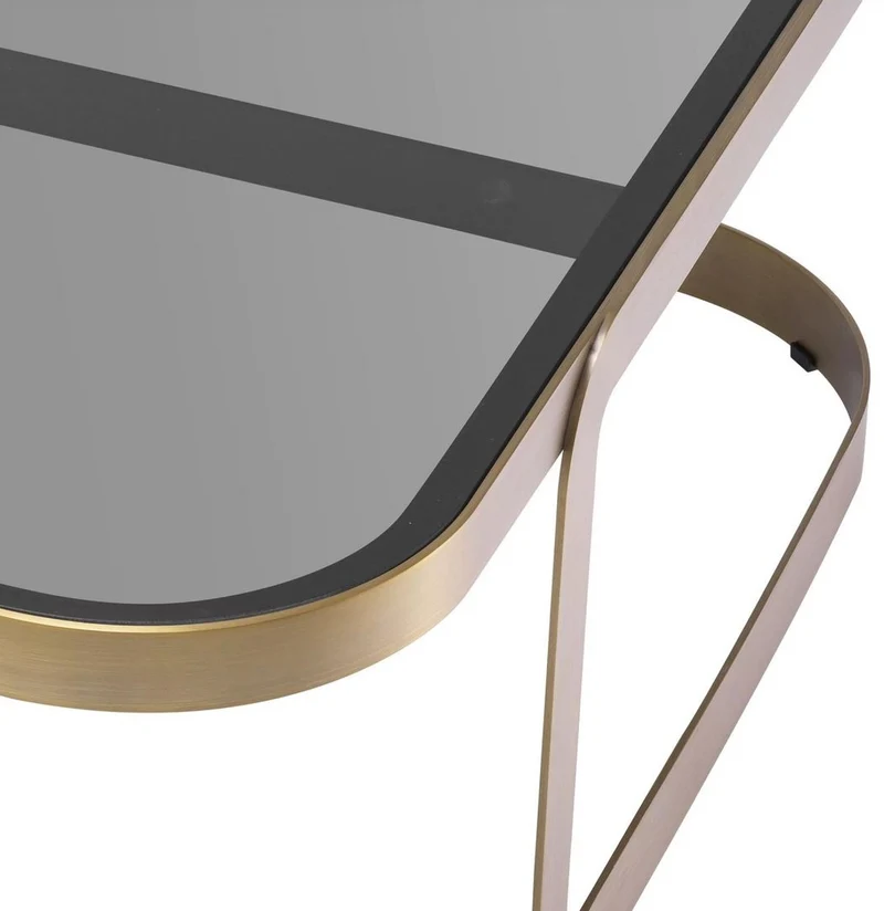 Casa Padrino Luxus Couchtisch Messingfarben / Grau 90,5 x 90,5 x H. 38,5 cm - Edelstahl Wohnzimmertisch mit Glasplatte - Wohnzimmer Möbel - Luxus Möbel