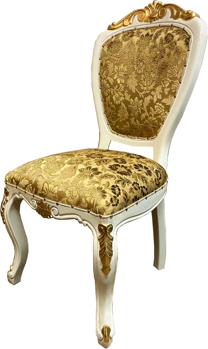 Pompöös by Casa Padrino Luxus Barock Esszimmerstuhl Gold Bouquet Muster / Creme-Weiß / Gold - Pompööser Barock Stuhl designed by Harald Glööckler - Barock Esszimmer Möbel