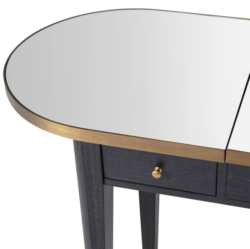 Casa Padrino Luxus Schminktisch Anthrazit / Messing 126 x 47 x H. 78,5-119,5 cm - Mahagoni Schmink Konsole mit ausklappbarem Spiegel und 3 Schubladen - Luxus Schlafzimmer Möbel
