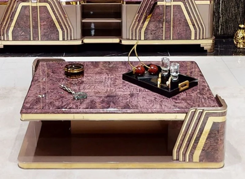 Casa Padrino Luxus Art Deco Couchtisch Lila / Grau / Gold - Wohnzimmertisch mit Tischplatte in Marmoroptik - Art Deco Wohnzimmer Möbel
