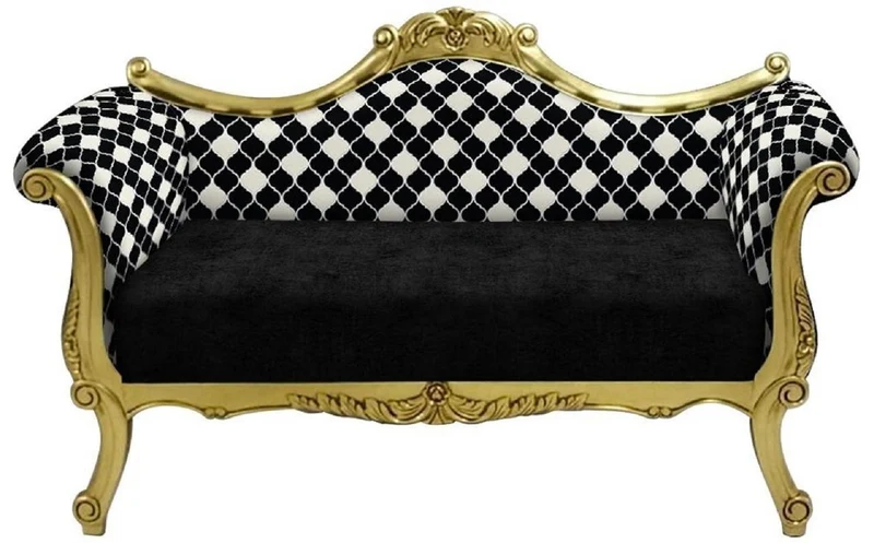 Casa Padrino Barock Sofa mit Muster Schwarz / Weiß / Gold - Handgefertigtes Wohnzimmer Sofa im Barockstil - Barock Wohnzimmer Möbel