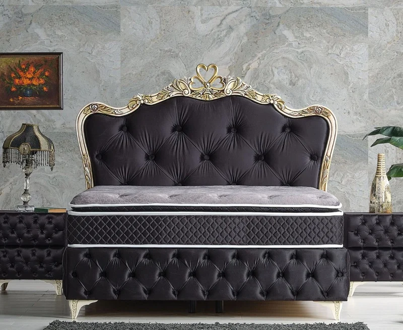 Casa Padrino Luxus Barock Schlafzimmer Möbel Set Schwarz / Cremefarben / Gold - Verschiedene Größen - 1 Barock Doppelbett mit Matratze & 2 Barock Nachtkommoden - Barock Schlafzimmer & Hotel Möbel