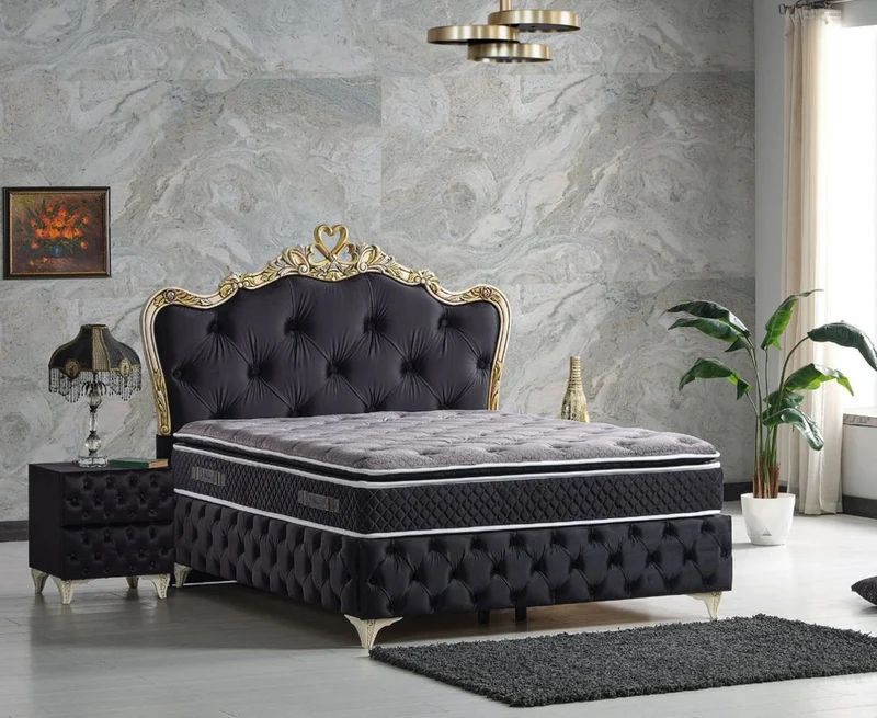 Casa Padrino Luxus Barock Schlafzimmer Möbel Set Schwarz / Cremefarben / Gold - Verschiedene Größen - 1 Barock Doppelbett mit Matratze & 2 Barock Nachtkommoden - Barock Schlafzimmer & Hotel Möbel