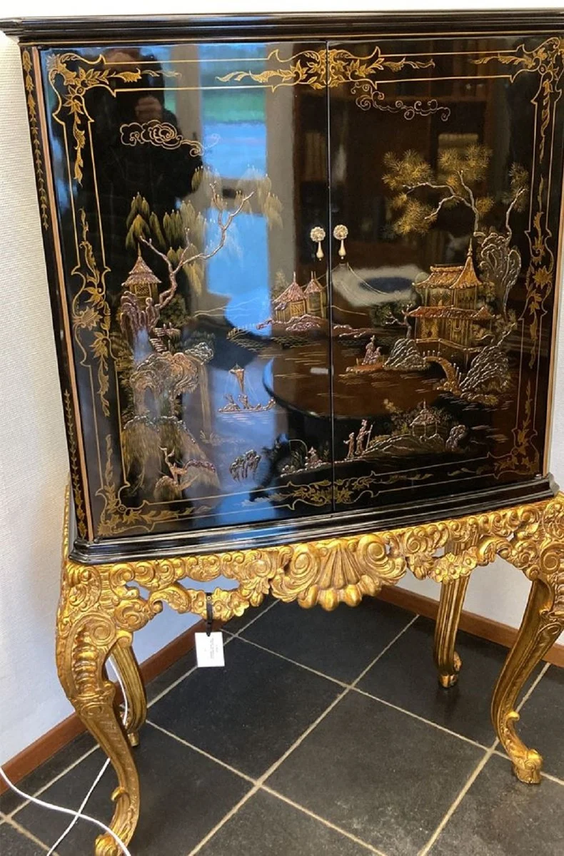 Casa Padrino Luxus Barock Barschrank Schwarz / Mehrfarbig / Gold - Prunkvoller Massivholz Schrank mit LED Beleuchtung - Barock Wohnzimmer Möbel - Barock Bar Möbel - Barock Hotel Möbel
