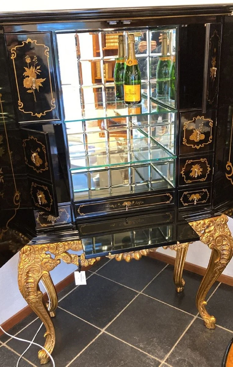 Casa Padrino Luxus Barock Barschrank Schwarz / Mehrfarbig / Gold - Prunkvoller Massivholz Schrank mit LED Beleuchtung - Barock Wohnzimmer Möbel - Barock Bar Möbel - Barock Hotel Möbel