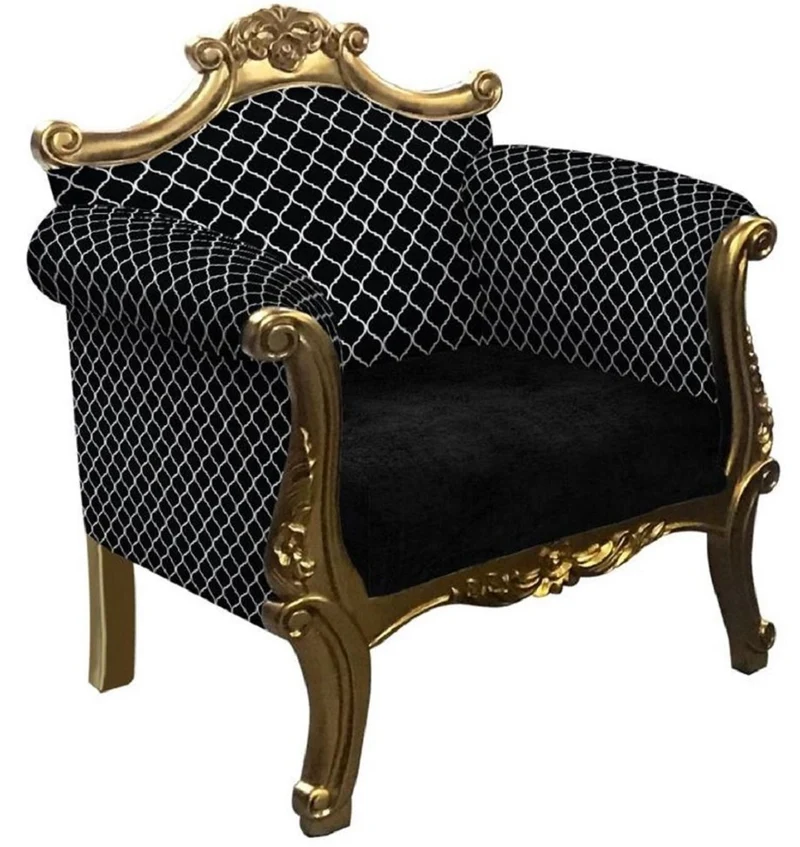 Casa Padrino Barock Sessel mit Muster Schwarz / Silber / Gold - Handgefertigter Wohnzimmer Sessel im Barockstil - Barock Wohnzimmer Möbel