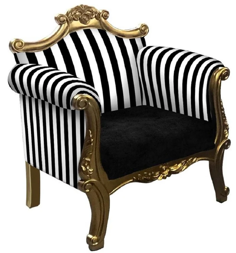 Casa Padrino Barock Sessel mit Streifen Schwarz / Weiß / Gold - Handgefertigter Wohnzimmer Sessel im Barockstil - Barock Wohnzimmer Möbel
