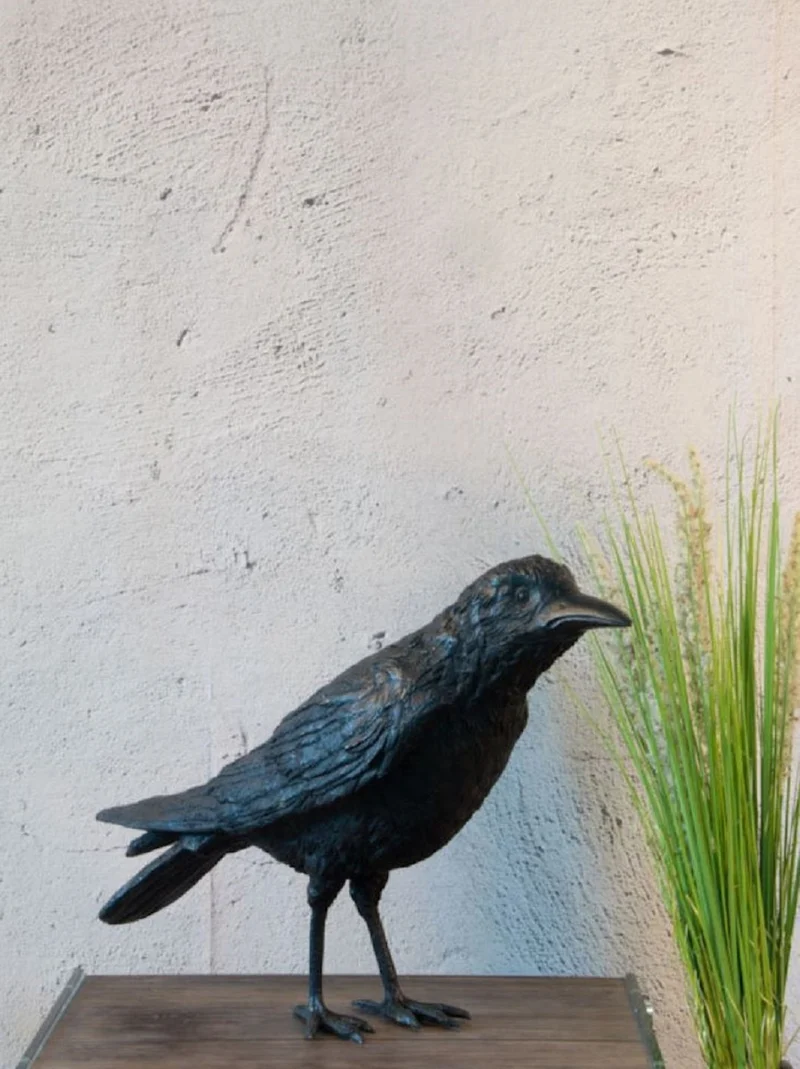 Casa Padrino Luxus Bronze Skulptur Vogel Rabe Schwarz 61 x 15 x H. 30 cm - Deko Figur - Wohnzimmer Deko - Schreibtisch Deko