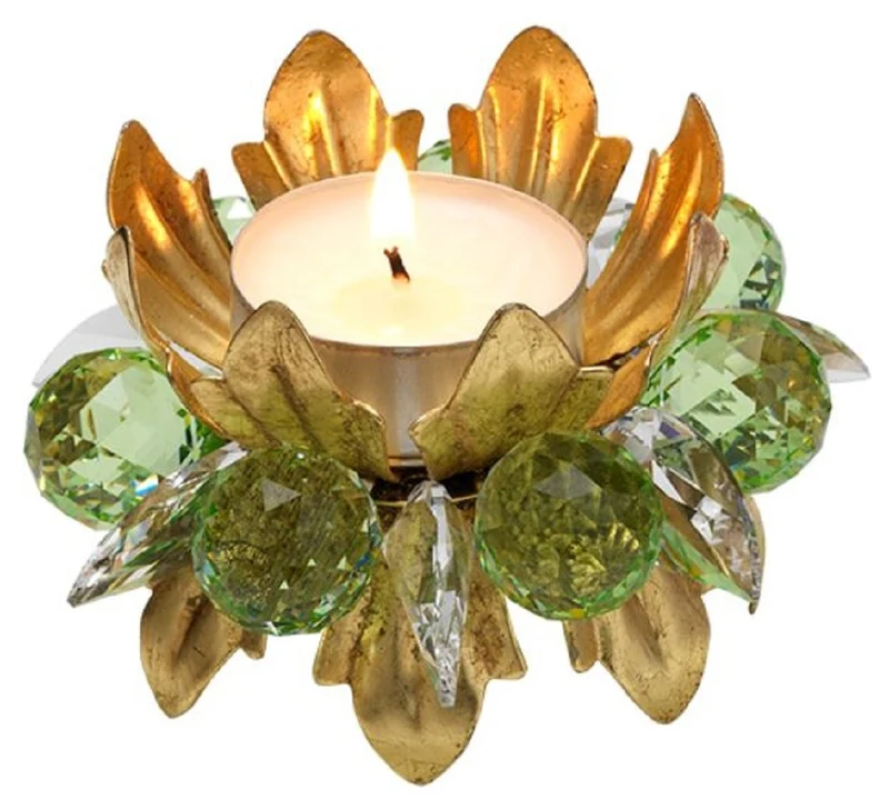 Casa Padrino Luxus Teelichthalter mit Swarovski Kristallglas Gold / Grün Ø 9 x H. 6 cm - Luxus Wohnzimmer Deko Accessoires