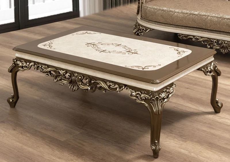 Casa Padrino Luxus Barock Couchtisch Braun / Cremefarben / Gold - Handgefertigter Massivholz Wohnzimmertisch - Barock Wohnzimmer Möbel - Edel & Prunkvoll