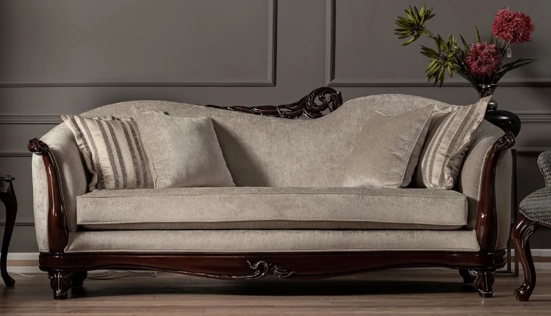 Casa Padrino Luxus Barock Sofa Beige / Dunkelbraun / Gold - Handgefertigtes Wohnzimmer Sofa im Barockstil - Barock Wohnzimmer Möbel