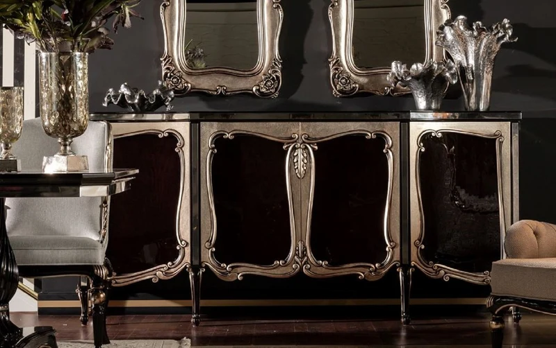 Casa Padrino Luxus Barock Sideboard Schwarz / Silber - Eleganter Massivholz Schrank mit 4 Türen - Barock Möbel
