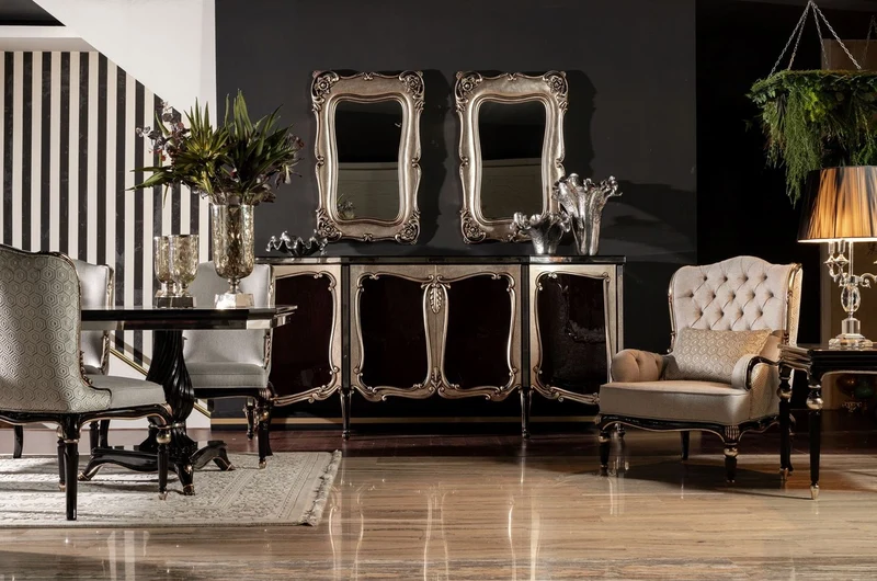 Casa Padrino Luxus Barock Sideboard Schwarz / Silber - Eleganter Massivholz Schrank mit 4 Türen - Barock Möbel
