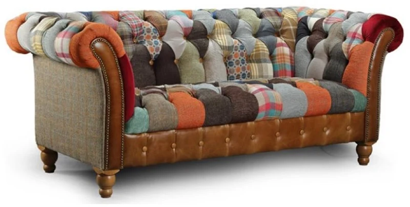 Casa Padrino Luxus Chesterfield 2er Sofa Mehrfarbig / Grau / Braun 200 x 95 x H. 85 cm - Wohnzimmer Sofa mit Echtleder - Chesterfield Wohnzimmer Möbel