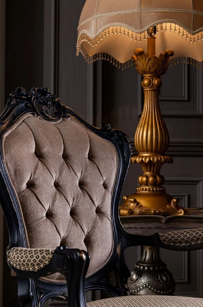 Casa Padrino Luxus Barock Sessel Beige / Schwarz - Prunkvoller Wohnzimmer Sessel - Barock Wohnzimmer Möbel