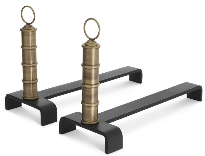 Casa Padrino Luxus Feuerbock Set Vintage Messingfarben / Schwarz 45 x 17 x H. 30 cm - Kamin Zubehör - Luxus Kollektion