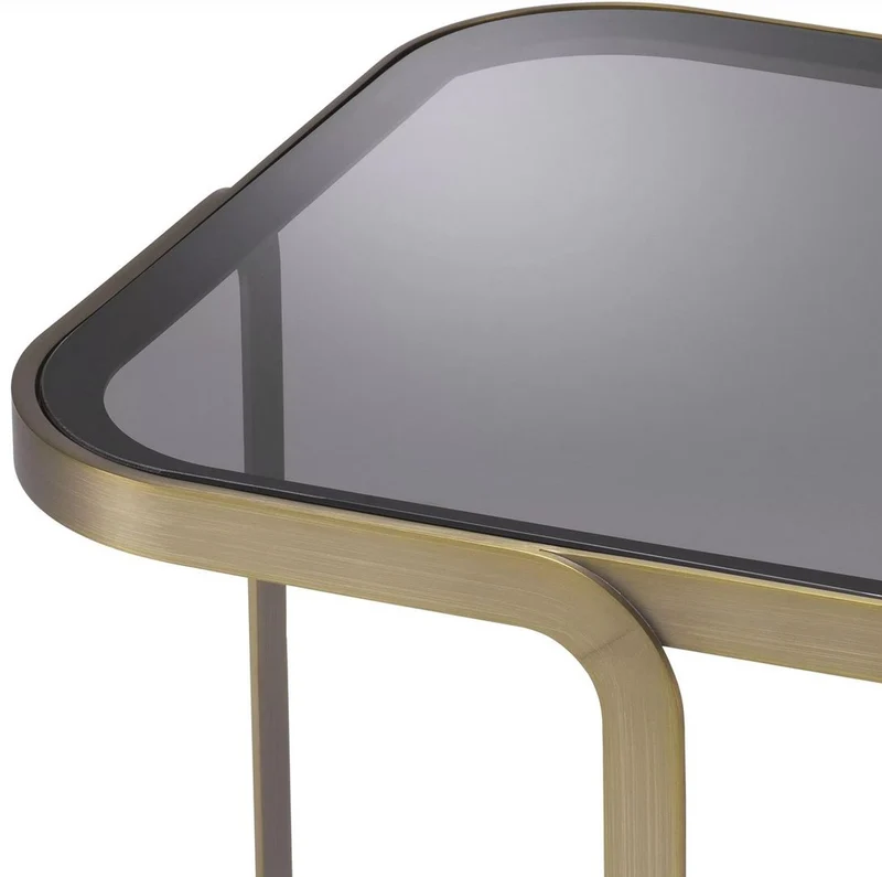 Casa Padrino Luxus Beistelltisch Messingfarben / Grau 49,5 x 49,5 x H. 45 cm - Edelstahl Tisch mit Glasplatte - Wohnzimmer Möbel - Luxus Kollektion