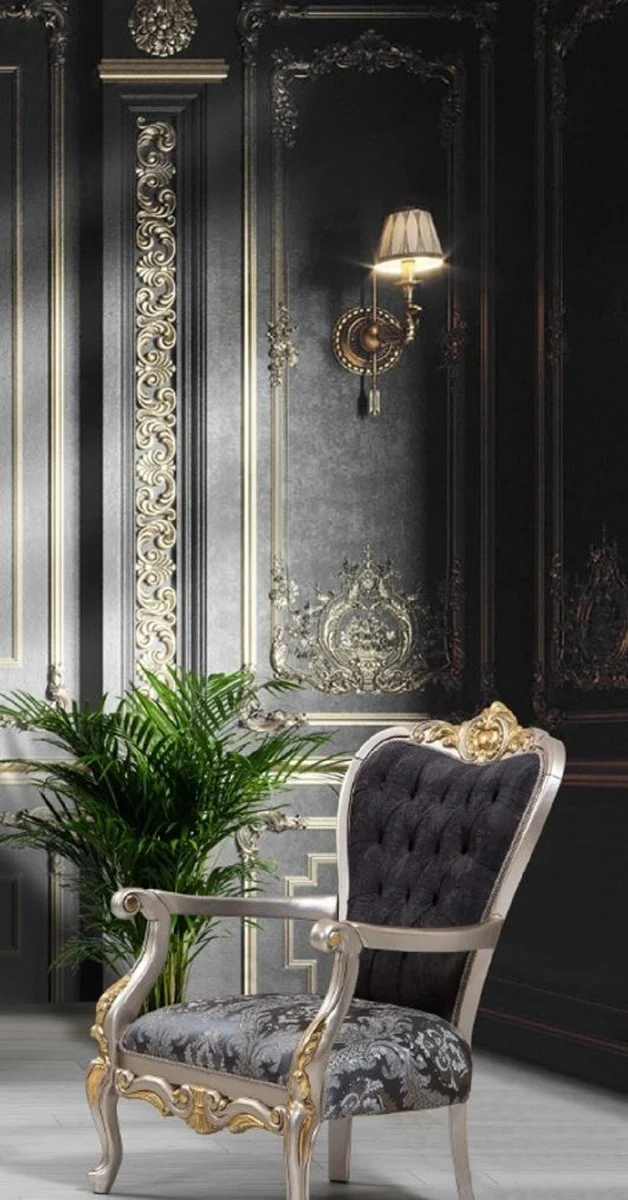 Casa Padrino Luxus Barock Wohnzimmer Set Schwarz / Silber / Gold - 2 Sofas & 2 Sessel & 1 Couchtisch - Wohnzimmer Möbel im Barockstil - Edel & Prunkvoll