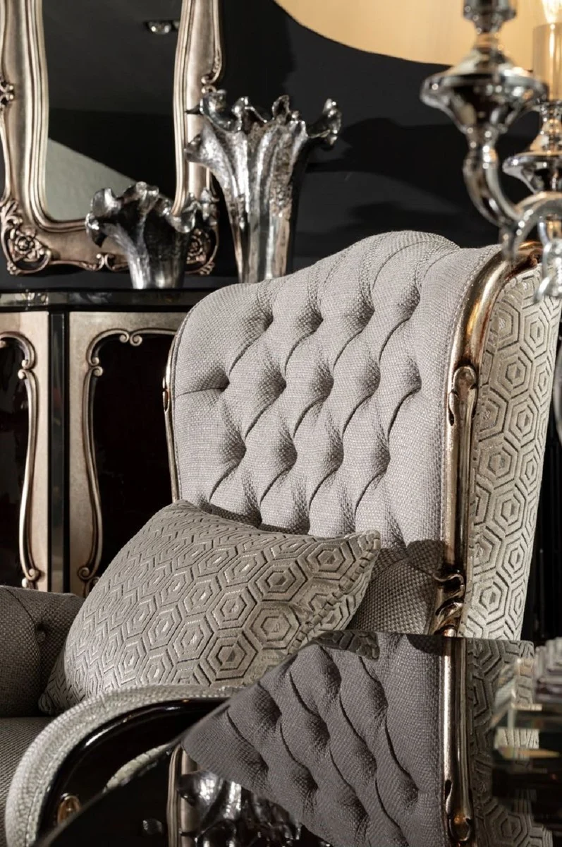 Casa Padrino Luxus Barock Sessel Grau / Schwarz / Silber - Eleganter Wohnzimmer Sessel im Barockstil - Barock Wohnzimmer Möbel