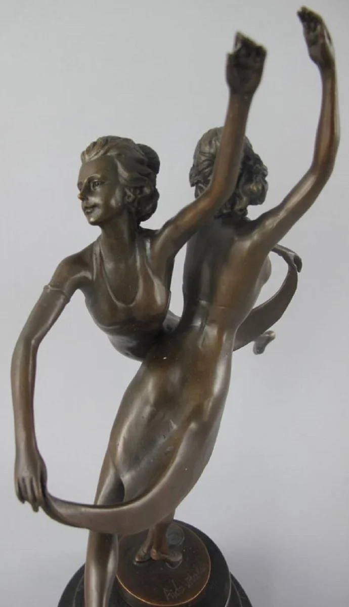 Casa Padrino Luxus Jugendstil Bronze Skulptur Tänzerinnen mit Marmorsockel Bronzefarben / Schwarz 24 x 13 x H. 36 cm - Bronzefigur - Dekofigur - Deko Accessoires