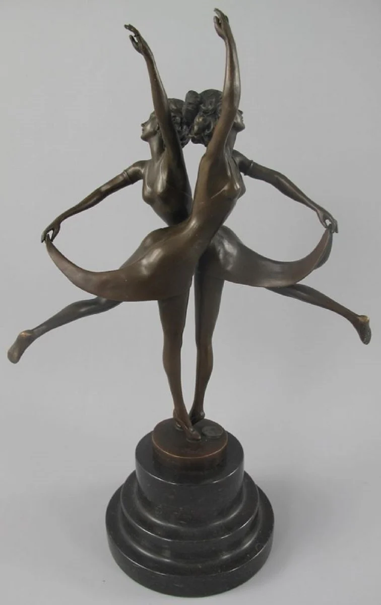 Casa Padrino Luxus Jugendstil Bronze Skulptur Tänzerinnen mit Marmorsockel Bronzefarben / Schwarz 24 x 13 x H. 36 cm - Bronzefigur - Dekofigur - Deko Accessoires