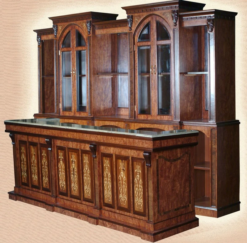 Casa Padrino Luxus Massivholz Bar mit Marmorplatte Dunkelbraun / Braun / Cremefarben 381 x H. 251,5 cm - Luxus Hotel & Restaurant Massivholz Bar Möbel