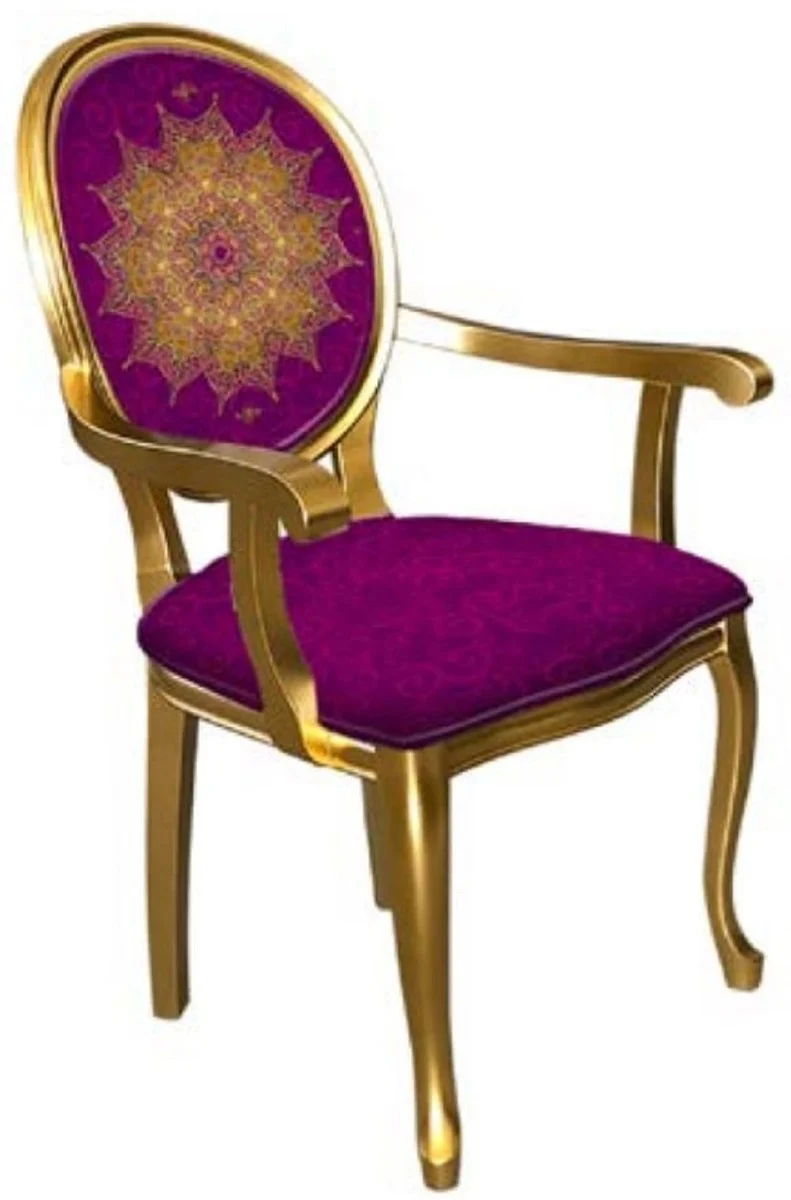 Casa Padrino Barock Esszimmerstuhl Lila / Gold - Handgefertigter Antik Stil Stuhl mit Armlehnen - Esszimmer Möbel im Barockstil