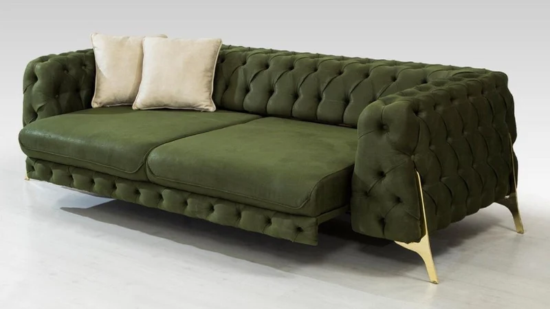 Casa Padrino Luxus Chesterfield Schlafsofa Dunkelgrün / Gold 250 x 95 x H. 72 cm - Modernes Wohnzimmer Sofa - Chesterfield Wohnzimmer Möbel