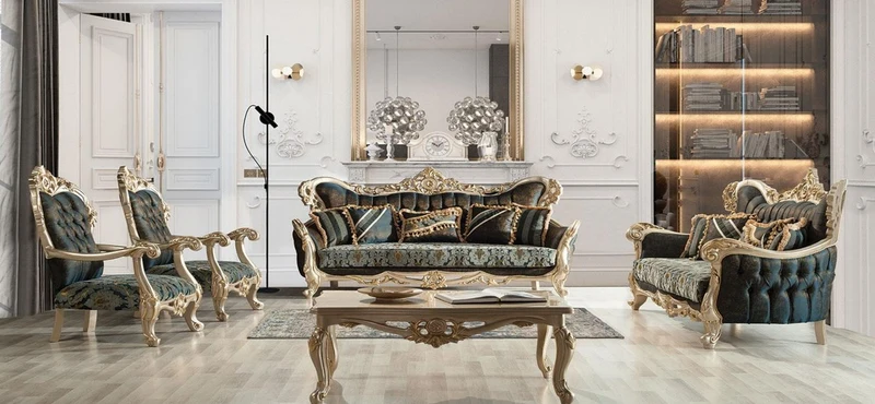 Casa Padrino Luxus Barock Wohnzimmer Set Dunkelblau / Türkis / Silber / Gold - 2 Barock Sofas mit Muster & 2 Barock Sessel mit Muster & 1 Barock Couchtisch - Barock Wohnzimmer Möbel