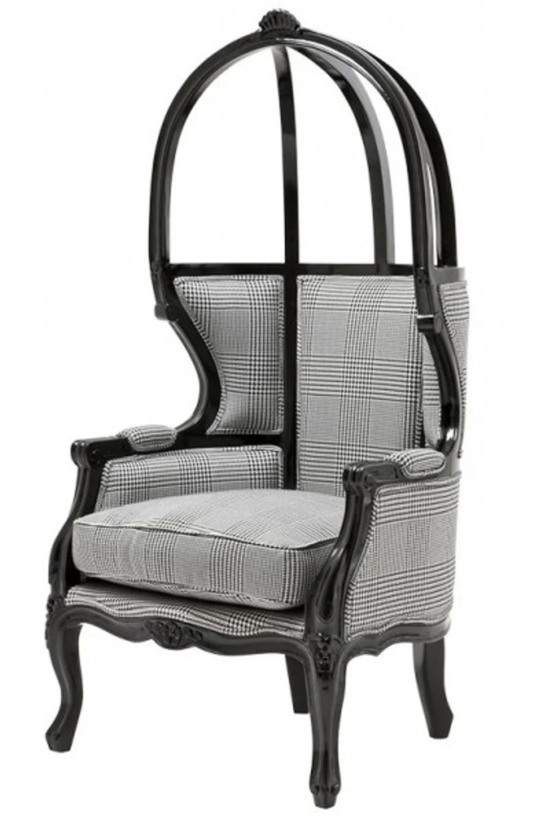 Casa Padrino Luxus Barock Thron Sessel Schwarz / Grau Kariert - Balloon Chair - Barock Stuhl - Breite 72 cm