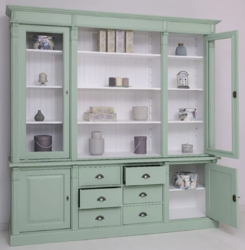 Casa Padrino Landhausstil Esszimmerschrank Hellgrün / Weiß 223 x 51 x H. 228 cm - Massivholz Schrank - Küchenschrank - Landhausstil Esszimmer Möbel