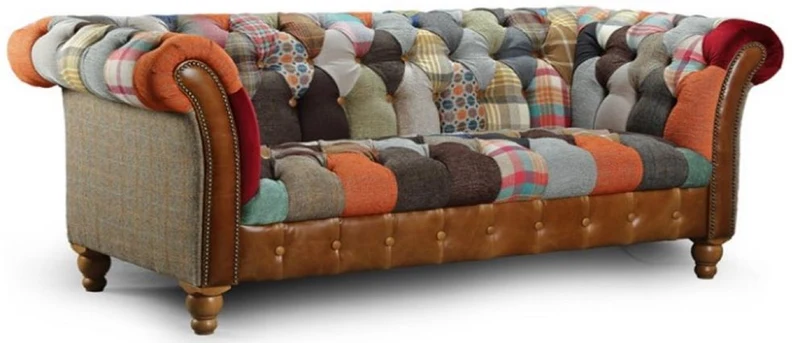 Casa Padrino Luxus Chesterfield 3er Sofa Mehrfarbig / Grau / Braun 235 x 95 x H. 85 cm - Wohnzimmer Sofa mit Echtleder - Chesterfield Wohnzimmer Möbel