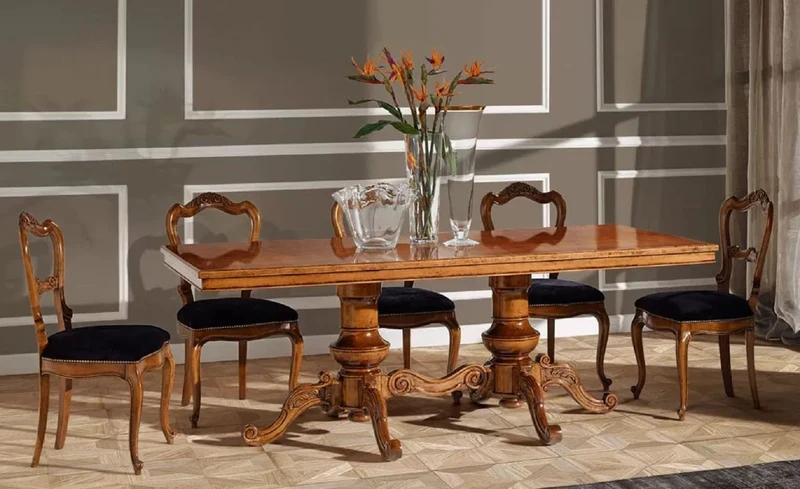 Casa Padrino Luxus Biedermeier Esszimmer Set Lila / Braun - 1 Biedermeier Esstisch & 6 Biedermeier Esszimmerstühle - Biedermeier Esszimmer Möbel - Luxus Qualität - Made in Italy