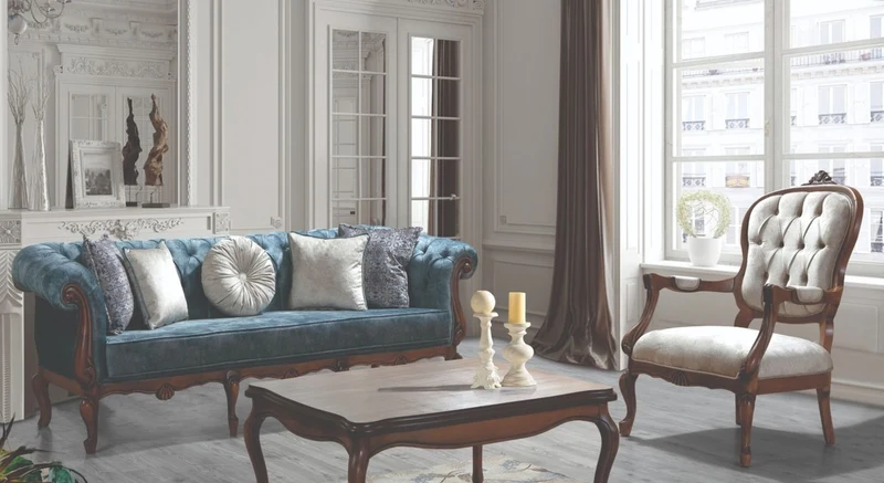 Casa Padrino Luxus Barock Wohnzimmer Set Blau / Grau / Braun - 2 Sofas & 2 Sessel & 1 Couchtisch - Wohnzimmer Möbel im Barockstil - Edel & Prunkvoll