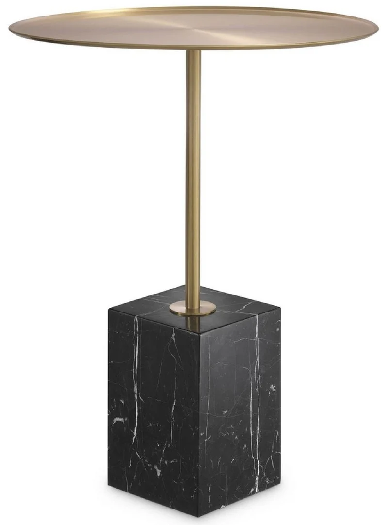 Casa Padrino Luxus Beistelltisch Messingfarben / Schwarz-Weiß Ø 45 x H. 62 cm - Runder Edelstahl Tisch mit Marmorsockel - Wohnzimmer Möbel - Hotel Möbel - Luxus Möbel