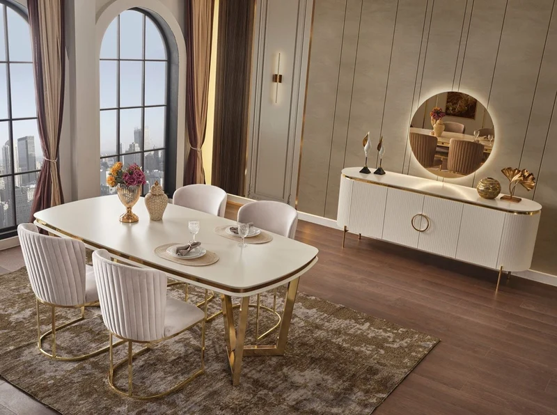 Casa Padrino Luxus Esstisch Weiß / Gold 207 x 104 x H. 78 cm - Rechteckiger Küchentisch - Luxus Esszimmer Möbel