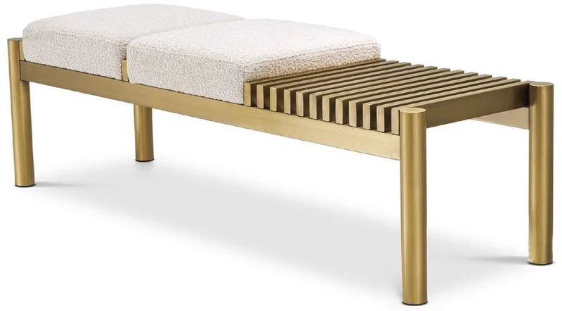 Casa Padrino Luxus Sitzbank Creme / Messing 140 x 44 x H. 45 cm - Gepolsterte Edelstahl Bank - Wohnzimmer Möbel - Hotel Möbel - Luxus Kollektion
