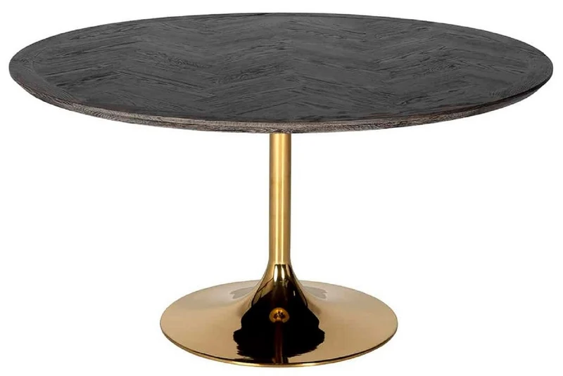 Casa Padrino Luxus Esstisch Schwarz / Gold Ø 140 x H. 75 cm - Runder Esszimmertisch mit Eichenfurnier Tischplatte und Edelstahl Tischbein - Luxus Esszimmer Möbel