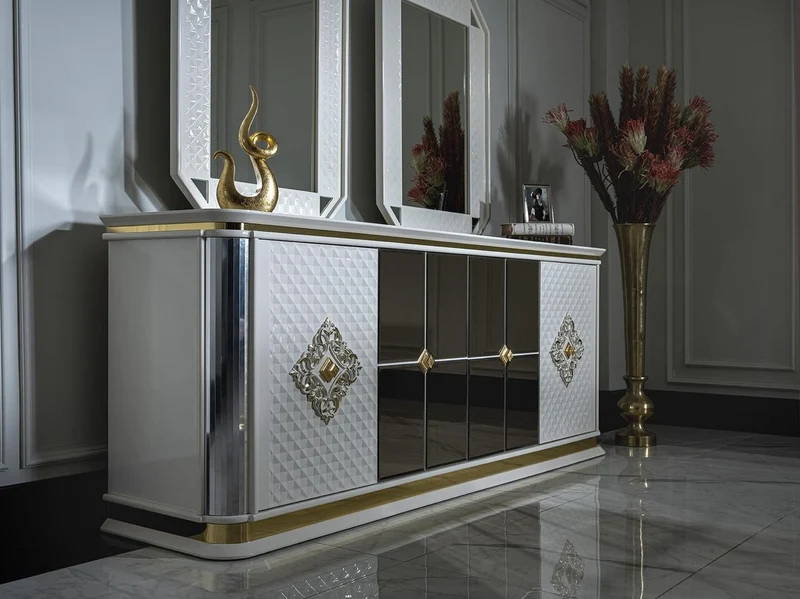 Casa Padrino Luxus Art Deco Möbel Set Weiß / Gold - 1 Sideboard & 2 Spiegel - Edel & Prunkvoll