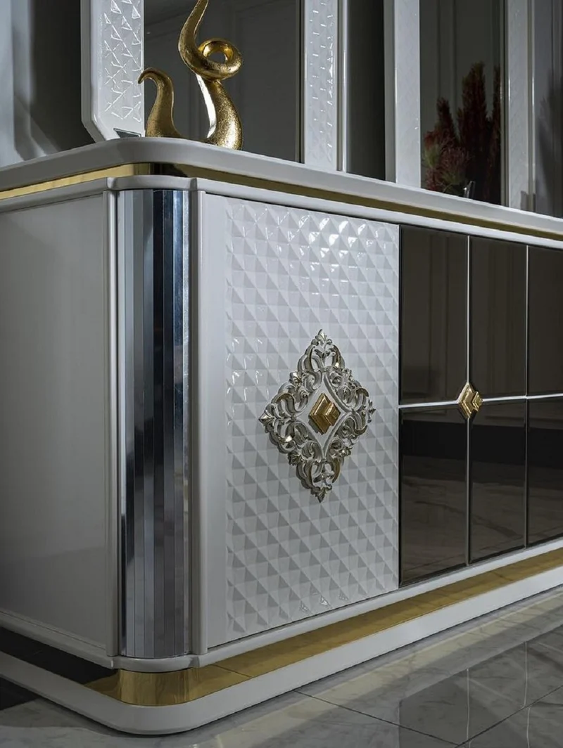 Casa Padrino Luxus Art Deco Möbel Set Weiß / Gold - 1 Sideboard & 2 Spiegel - Edel & Prunkvoll