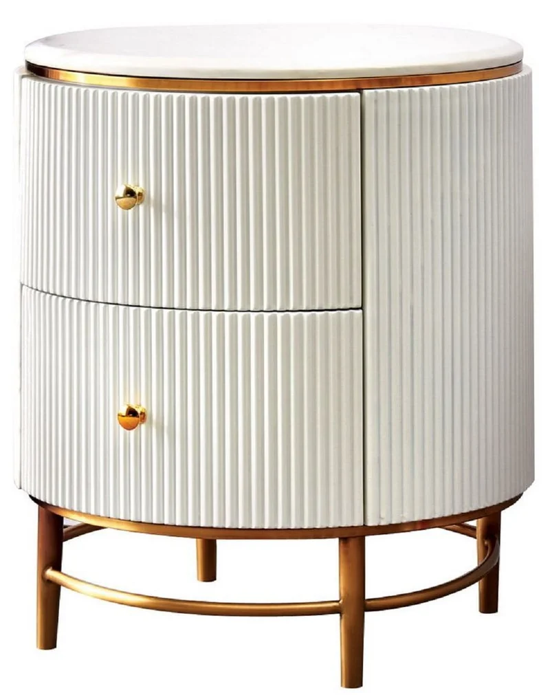 Casa Padrino Luxus Beistelltisch Weiß / Messingfarben / Gold Ø 50 x H. 58 cm - Runder Nachttisch mit 2 Schubladen - Moderne Möbel