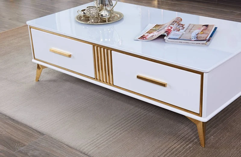 Casa Padrino Luxus Couchtisch Weiß / Gold 130 x 70 x H. 41 cm - Moderner Wohnzimmertisch mit 2 Schubladen - Moderne Wohnzimmer Möbel