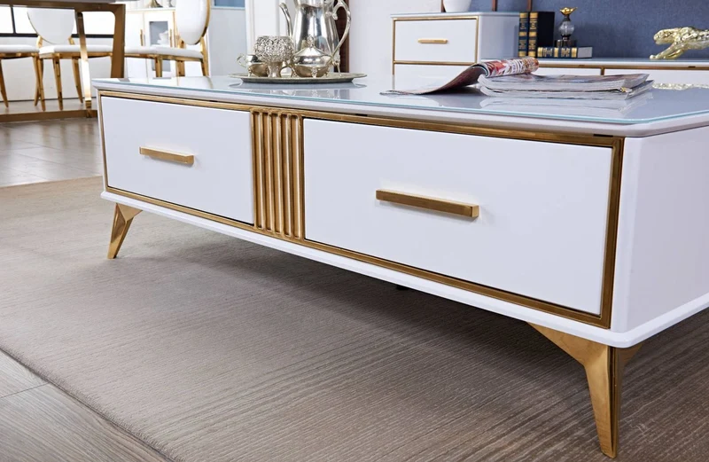 Casa Padrino Luxus Couchtisch Weiß / Gold 130 x 70 x H. 41 cm - Moderner Wohnzimmertisch mit 2 Schubladen - Moderne Wohnzimmer Möbel
