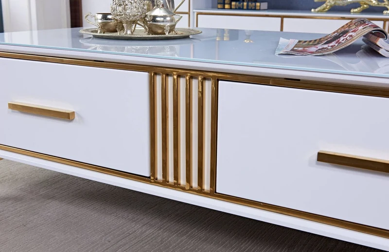 Casa Padrino Luxus Couchtisch Weiß / Gold 130 x 70 x H. 41 cm - Moderner Wohnzimmertisch mit 2 Schubladen - Moderne Wohnzimmer Möbel