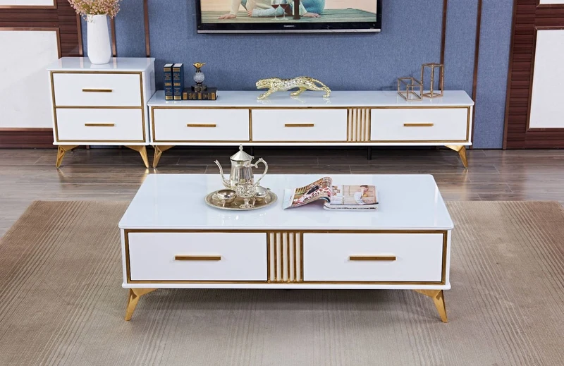 Casa Padrino Luxus Couchtisch Weiß / Gold 130 x 70 x H. 41 cm - Moderner Wohnzimmertisch mit 2 Schubladen - Moderne Wohnzimmer Möbel