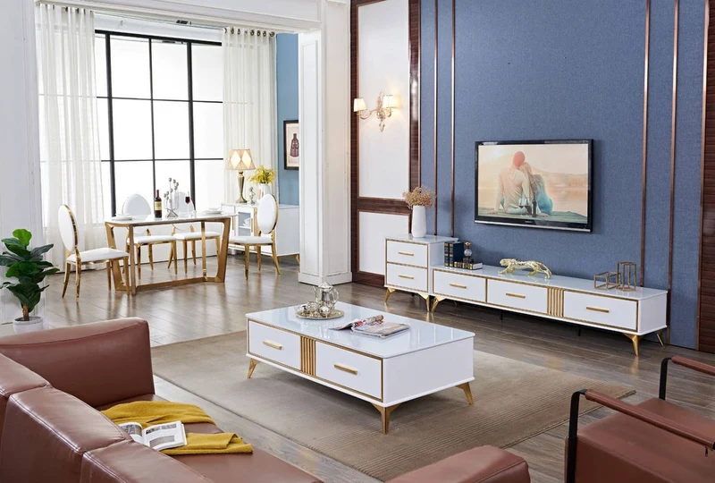 Casa Padrino Luxus Couchtisch Weiß / Gold 130 x 70 x H. 41 cm - Moderner Wohnzimmertisch mit 2 Schubladen - Moderne Wohnzimmer Möbel